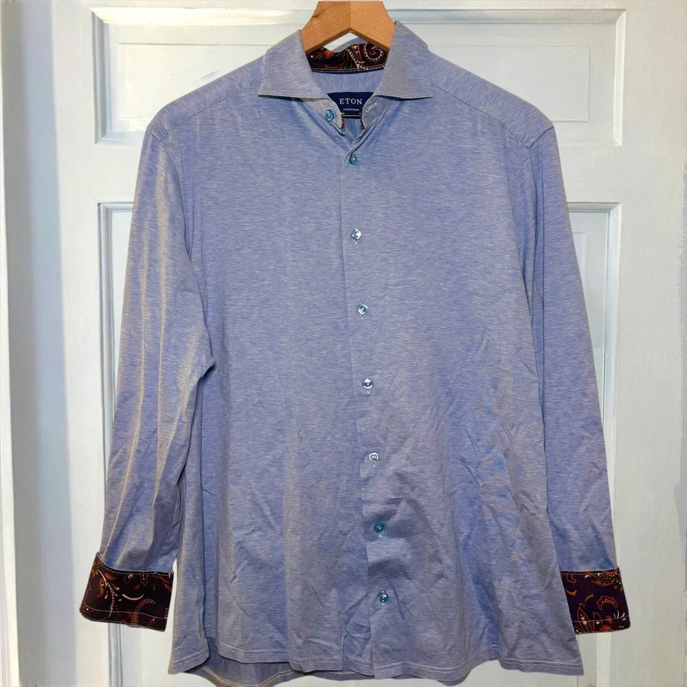 Eton Blue Stretch Jersey Shirt Contemporary Fit Men L Flip cuff Paisley Contrast - Picture 4 of 8